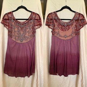 Free People Plum Colored Ombre Mini Dress w Beaded Sheer Bodice
